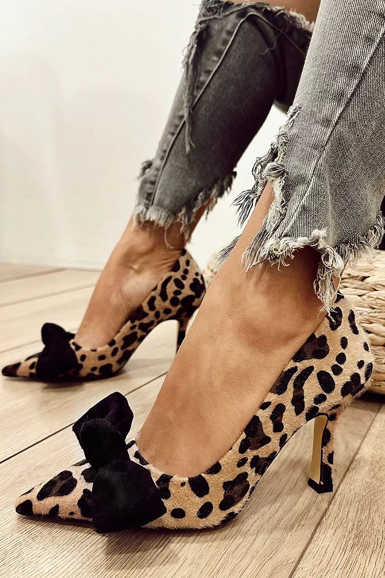 Bow Decor Leopard Print Pointed Toe Khaki Stiletto Heels [Pre Order]