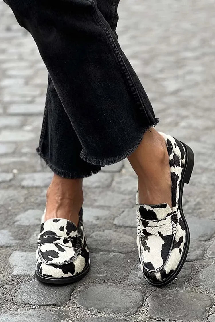 Patchwork Cow Print Round Toe White Loafers