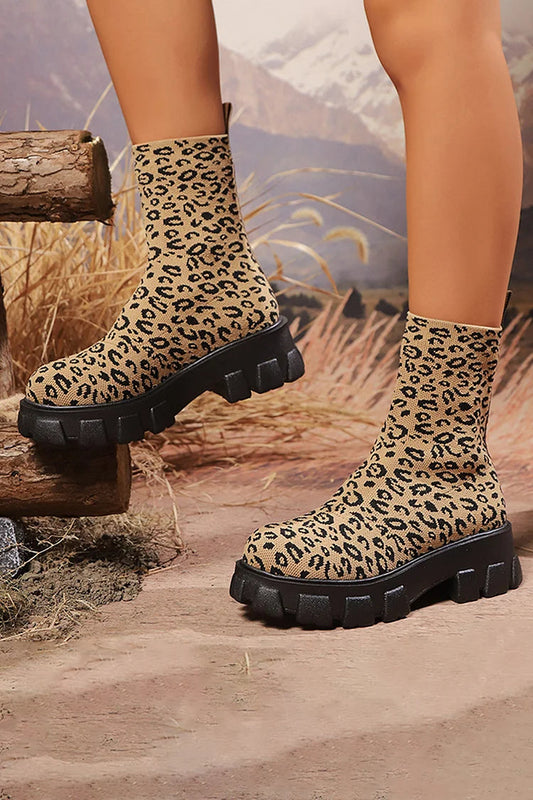 Knitted Leopard Pattern Round Toe Pull On Mid Boots