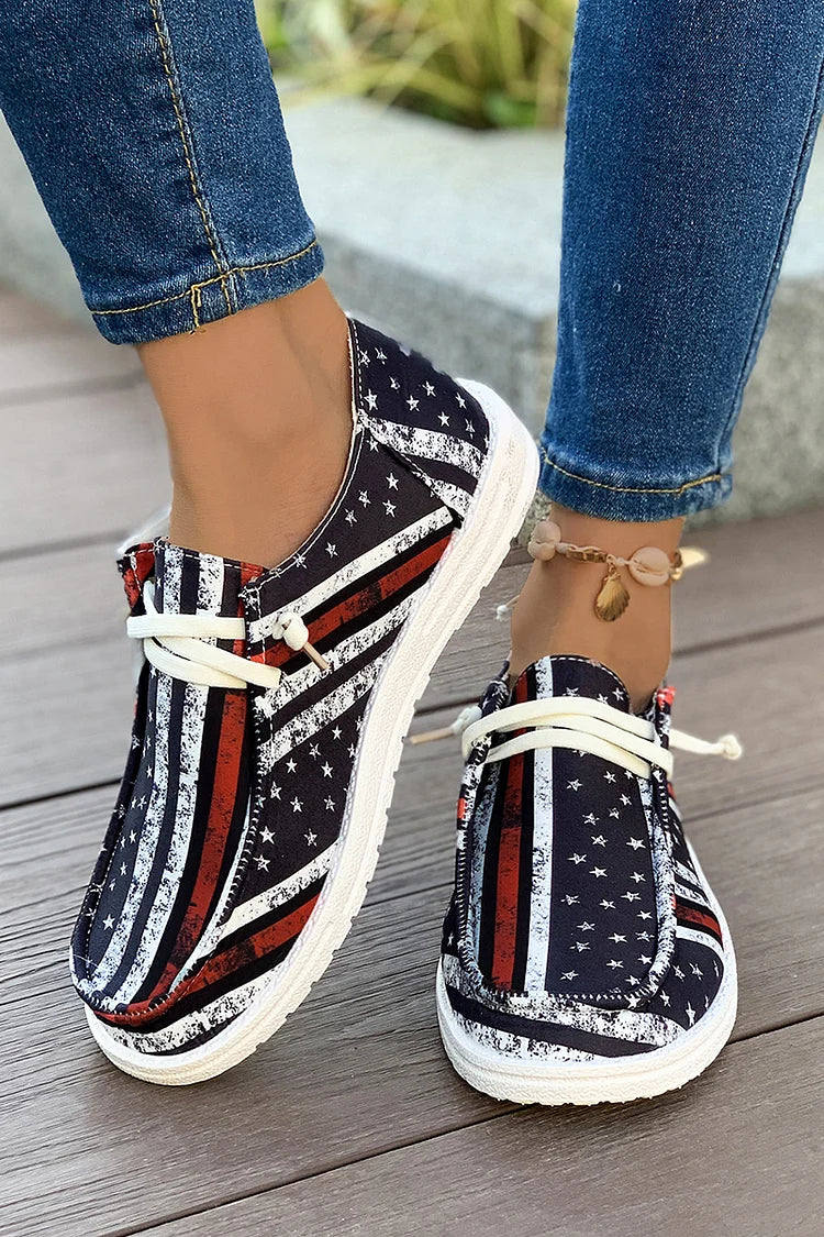 Colorblock Striped Star Flag Print Round Toe Lace Up Sneakers