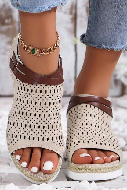 Hollow Out Cross Strap Magic Stick Closure Peep Toe Straw Wedge Sandals