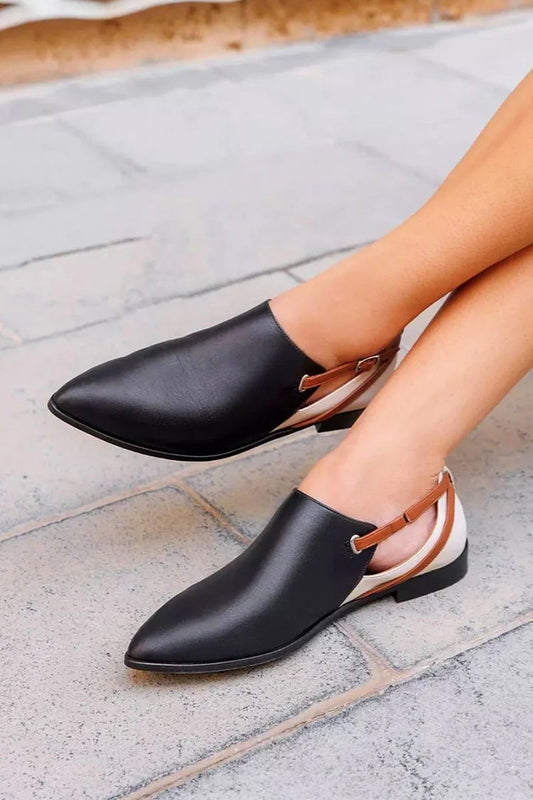 Colorblock Crossover Strap Buckle Pointed Toe Black Flats [Pre Order]