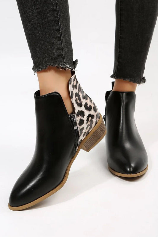 Leopard Print Patchwork Pointed Toe Zipper Ankle Boots