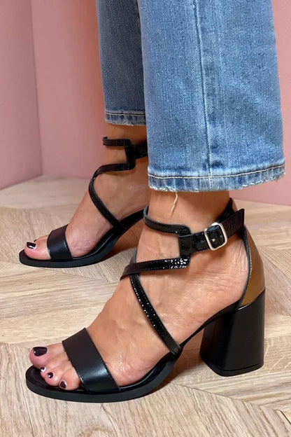 Buckle Thick Belt Cross Ankle Strap Black Chunky Heels [Pre Order]