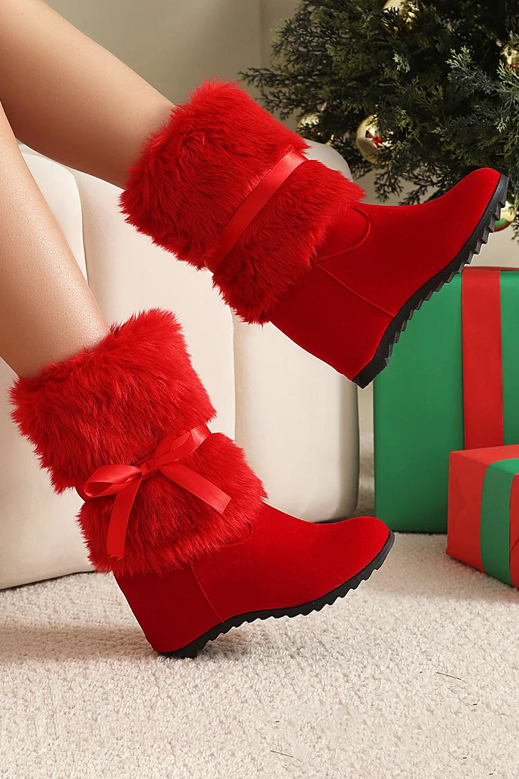 Christmas Fluffy Tied Up Bow Round Toe Wedge Heel Mid Boots