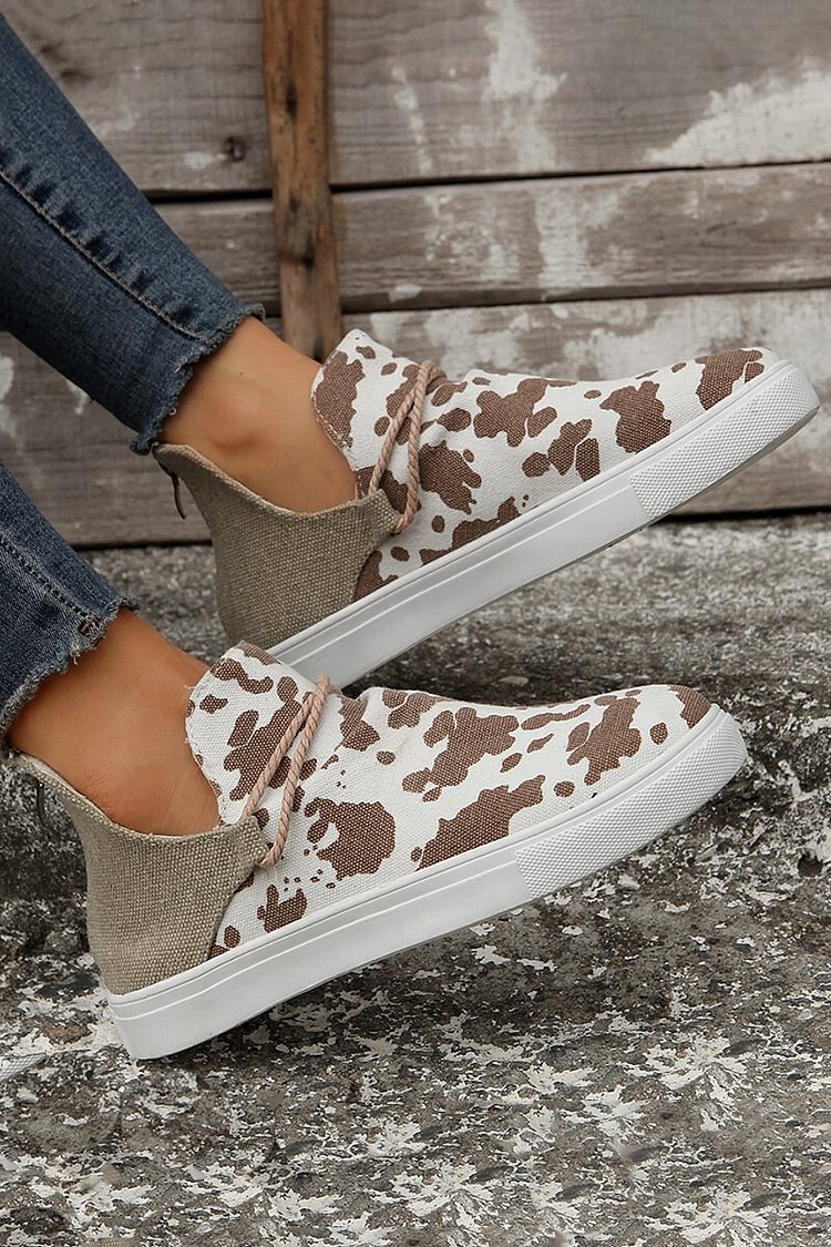 Cow Print Patchwork Round Toe Casual Flat Sneakers