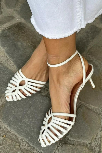 Hollow Out Pointy Toe Ankle Strap Slingback White Stiletto Heels