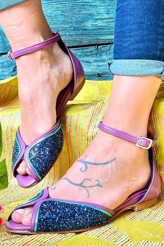Glitter Colorblock Peep Toe Ankle Strap Buckle Purple Sandals [Pre Order]