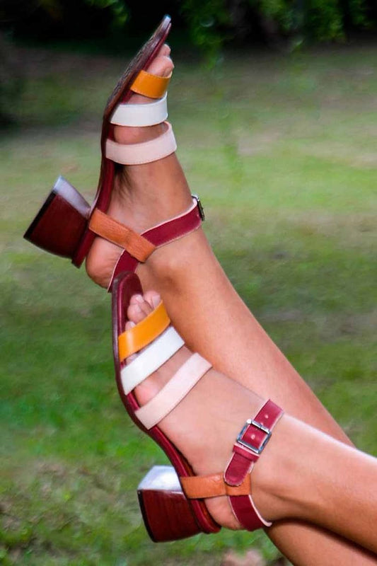 Multicolor Straps Open Toe Burgundy Chunky Heels [Pre Order]