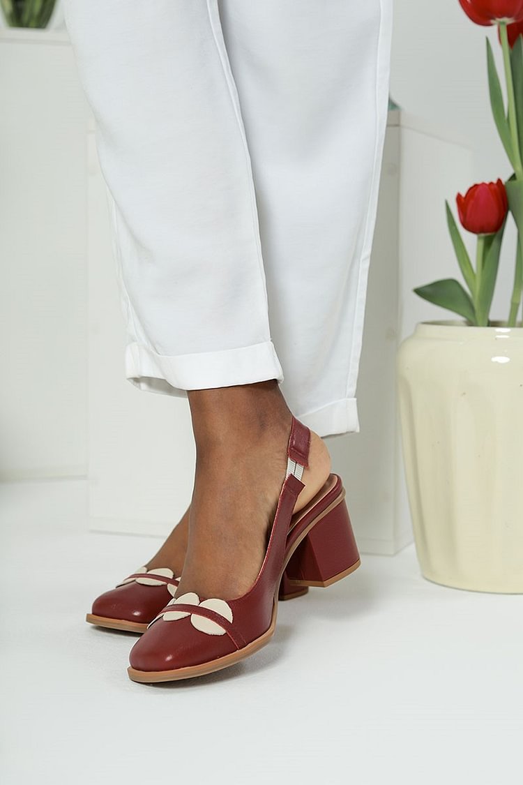 Patchwork Square Toe Slingback Burgundy Chunky Heels [Pre Order]