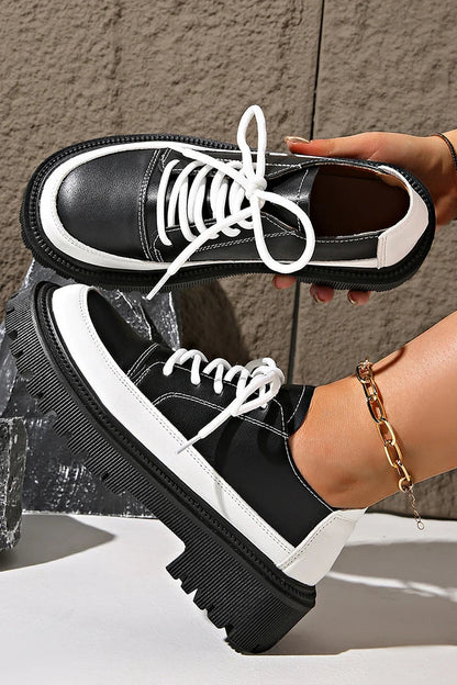 Colorblock Round Toe Chunky Heel Lace Up Casual Sneakers