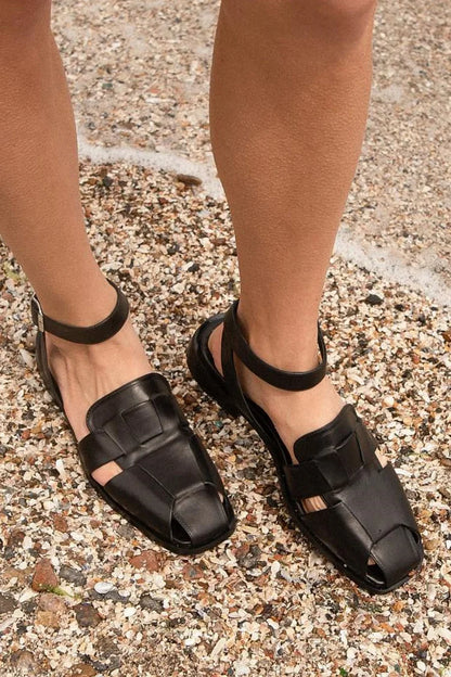 Ankle Strap Buckle Woven Square Toe Black Sandals [Pre Order]