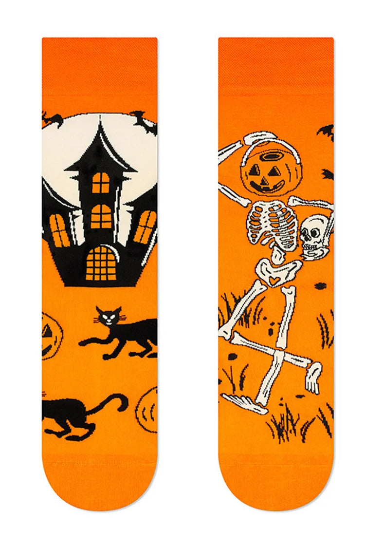 Halloween Haunted House Pumpkin Skull Sunset Crow Print Mid Calf Socks