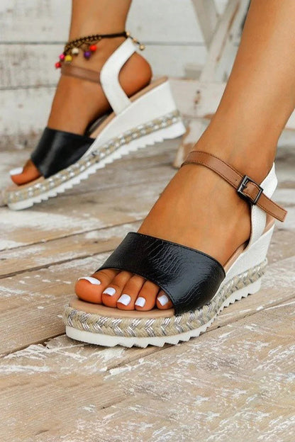 Colorblock Ankle Strap Crochet Straw Wedge Heel Sandals