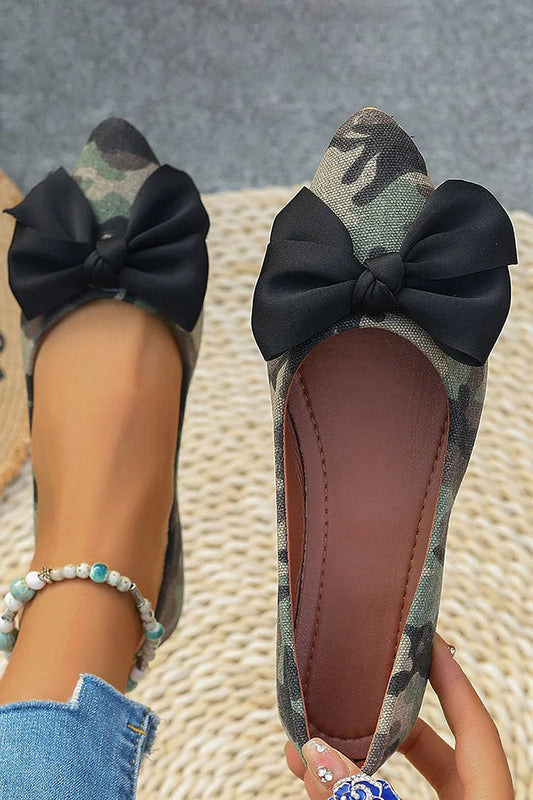 Bow Decor Camouflage Print Pointed Toe Slip On Flats