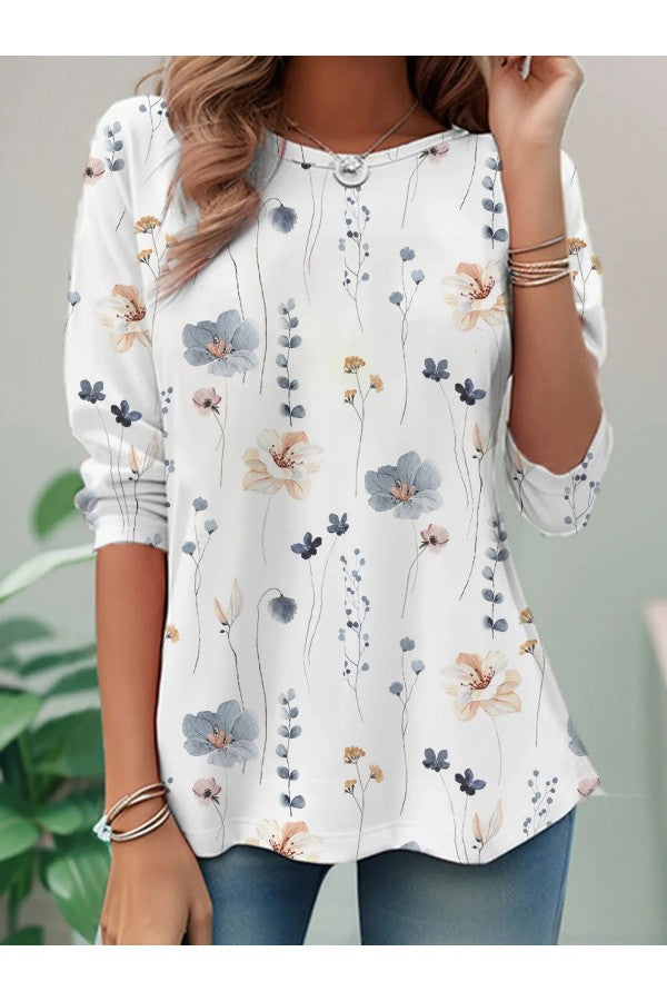 Casual Floral Crew Neck Long Sleeve Loose T-shirt