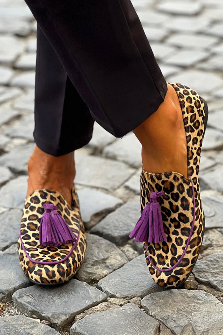 Leopard Print Contrast Binding Tassels Trim Brown Loafers