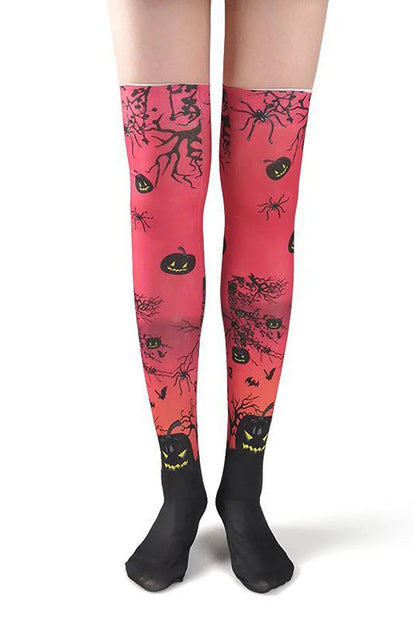 Calcetines hasta la rodilla con estampado de araña, murciélago y calabaza malvada para Halloween 