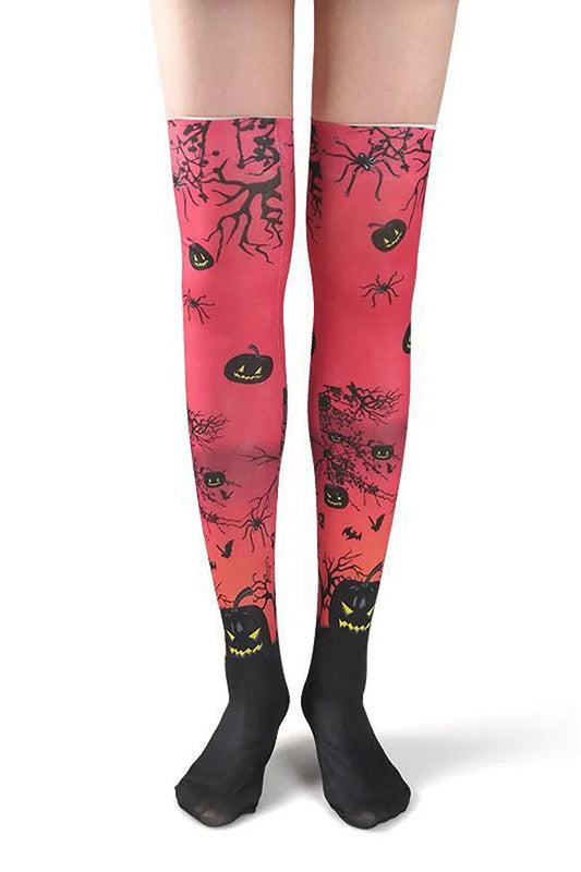 Calcetines hasta la rodilla con estampado de araña, murciélago y calabaza malvada para Halloween 