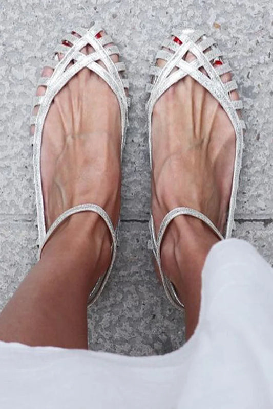 Hollowed Out Ankle Strap Round Toe Silver Sandals [Pre Order]