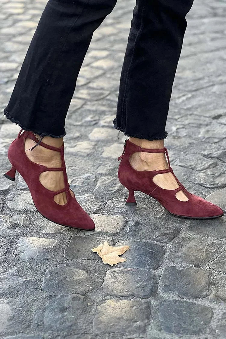 Cross Strap Solid Color Pointed Toe Burgundy Low Heels [Pre Order]