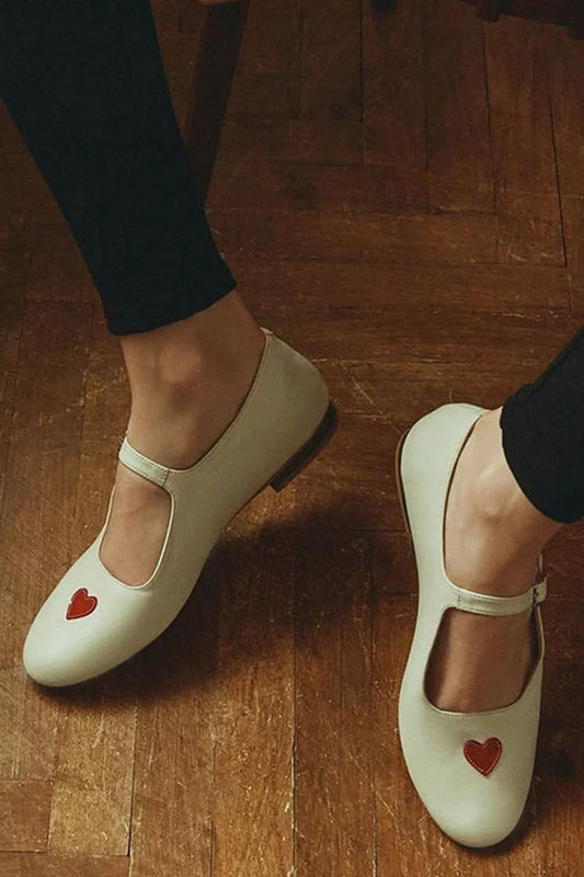 Heart Shaped Patchwork Instep Strap Buckle White Flats [Pre Order]