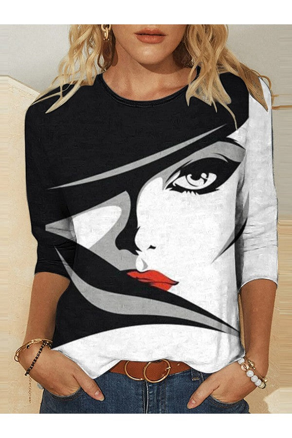 Face Print Crew Neck Long Sleeve Casual T-shirt