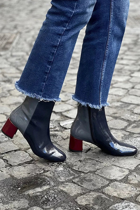 Zipper Colorblock Round Toe Navy Chunky Heels Boots [Pre Order]