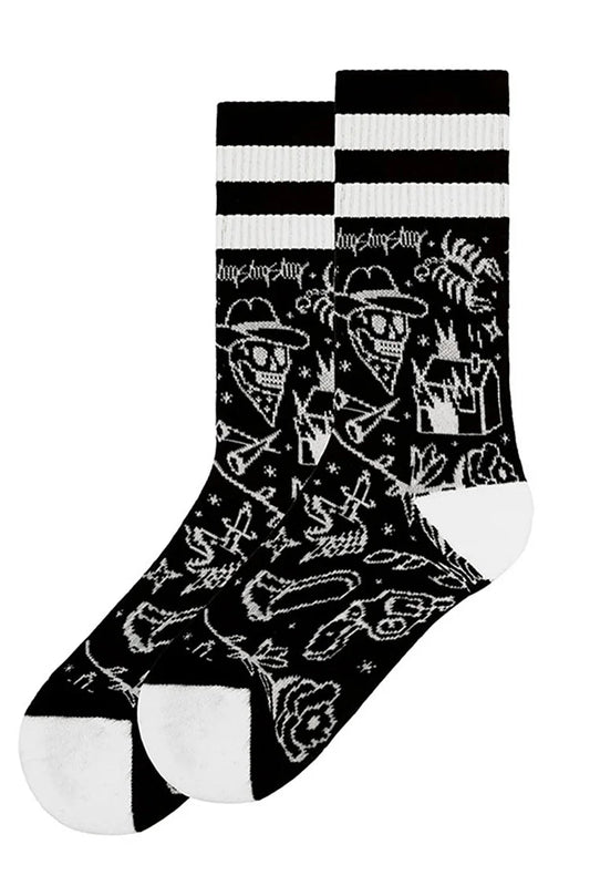 Halloween Colorblock Striped Skull Broken Heart Pattern Mid Calf Socks