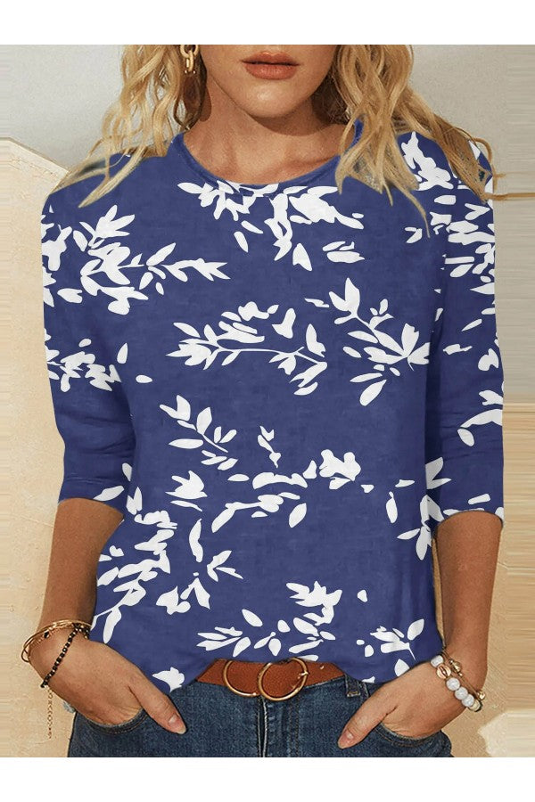 Floral Printed Knitted Crew Neck Top Daily Casual Wear