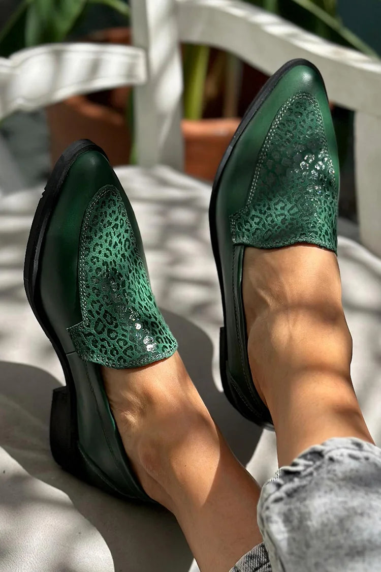 Leopard Print Patchwork Pointed Toe Green Loafers [Pre Order]