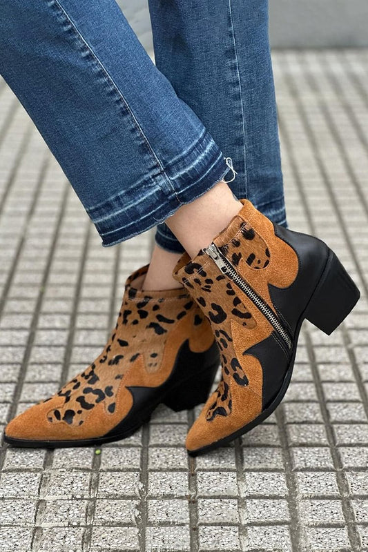 Leopard Print Patchwork Pointed Toe Brown Ankle Boots [Pre Order]