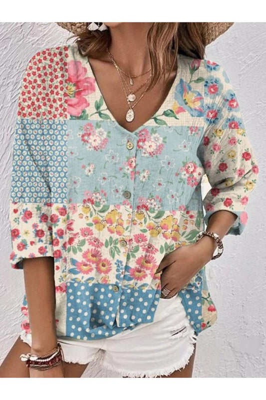 Vintage V-Neck Bohemian Contrast Floral Button-Down Shirt