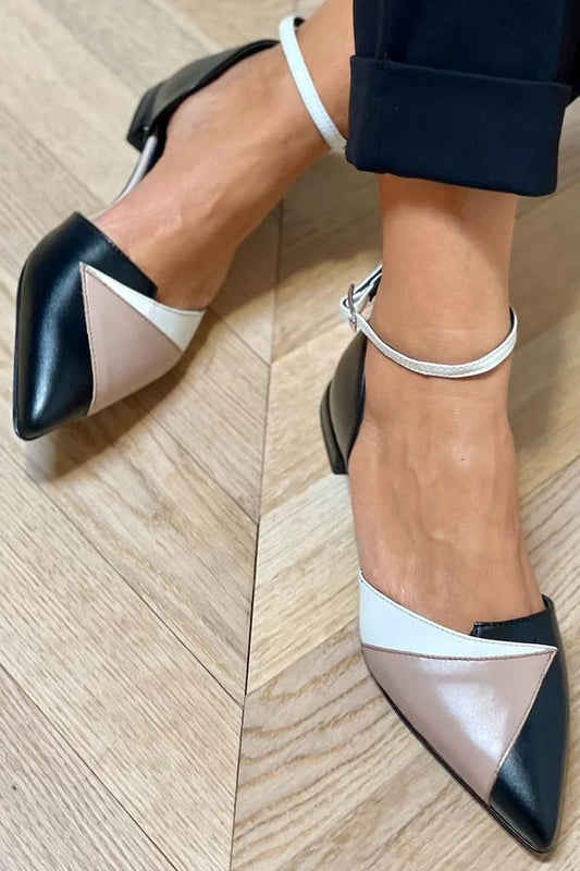 Ankle Strap Buckle Colorblock Pointed Toe Black Flats [Pre Order]