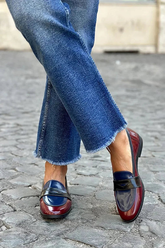 Colorblock Patchwork Round Toe Burgundy Loafers