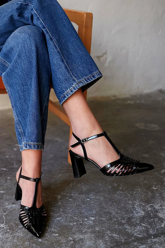 T-Strap Buckle Pointed Toe Hollow Out Black Chunky Heels [Pre Order]