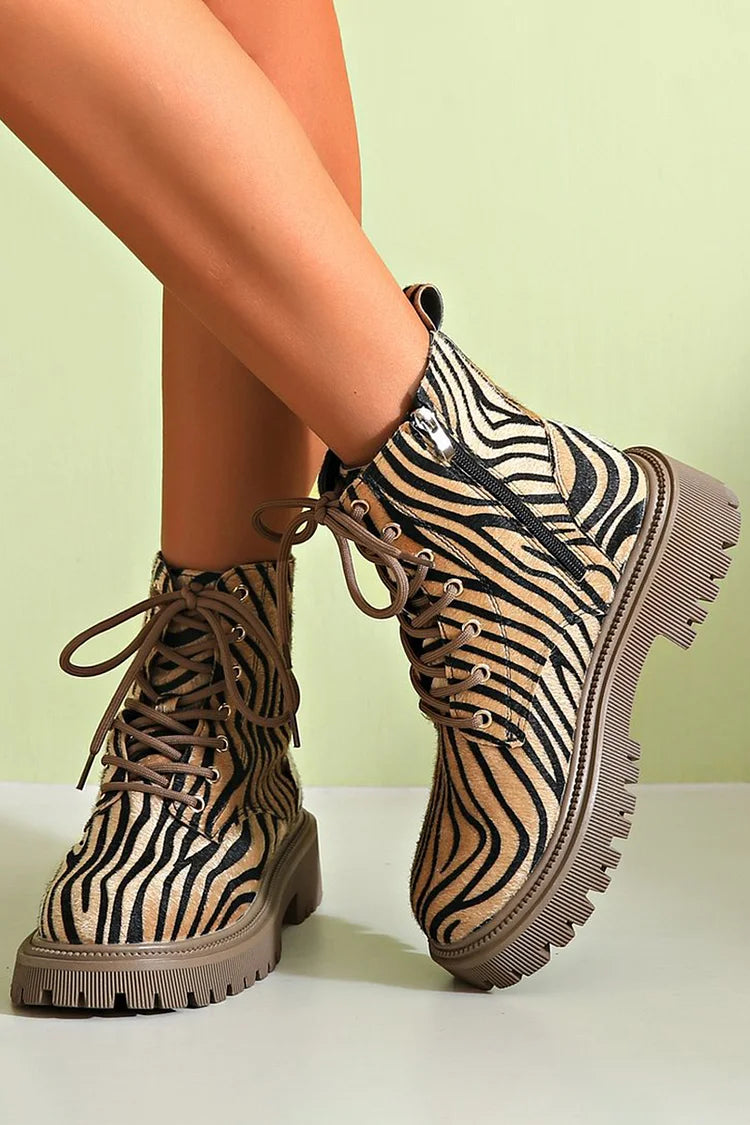 Zebra Print Patchwork Round Toe Lace Up Ankle Boots