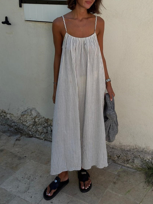 Low Back With Gray Stripes White Long Dress