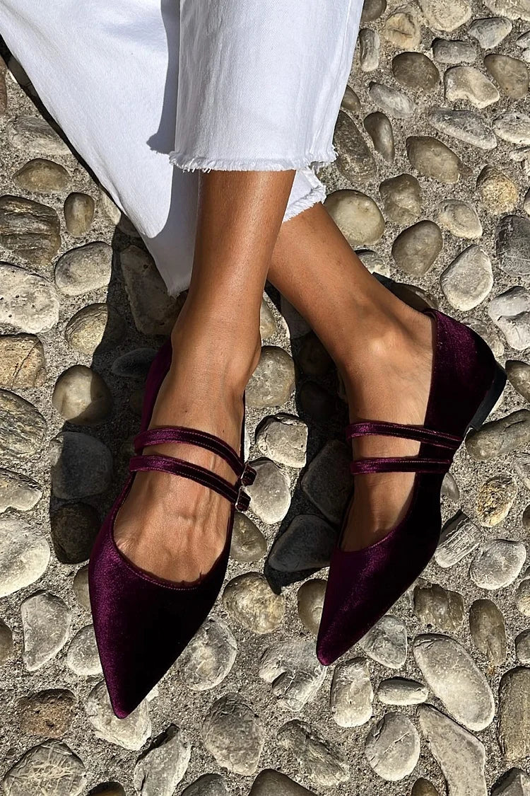 Two Straps Buckles Pointed Toe Velvet Dark Purple Flats [Pre Order]