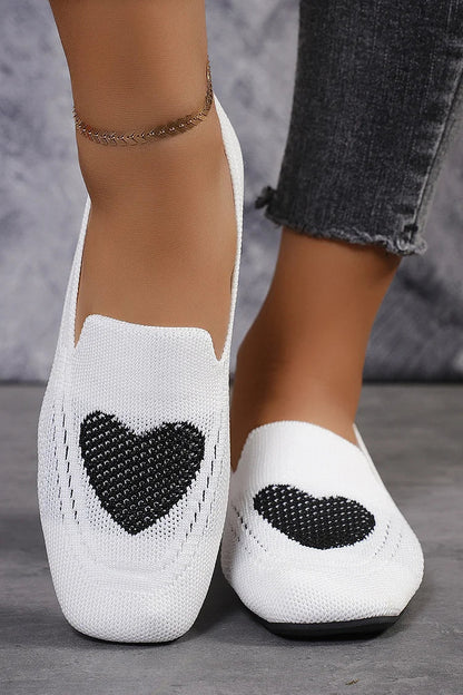 Heart Print Square Toe Knit Breathable Casual Slip Flats