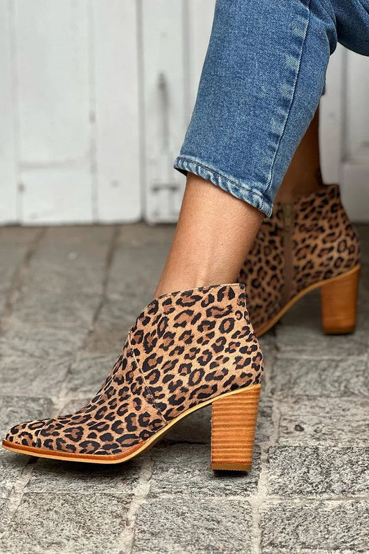 Leopard Print Pointed Toe Chunky Heel Khaki Ankle Boots [Pre Order]