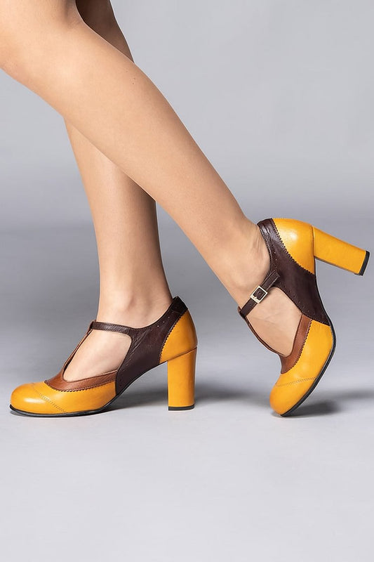 Patchwork Round Toe T-Strap Buckle Orange Chunky Heels [Pre Order]