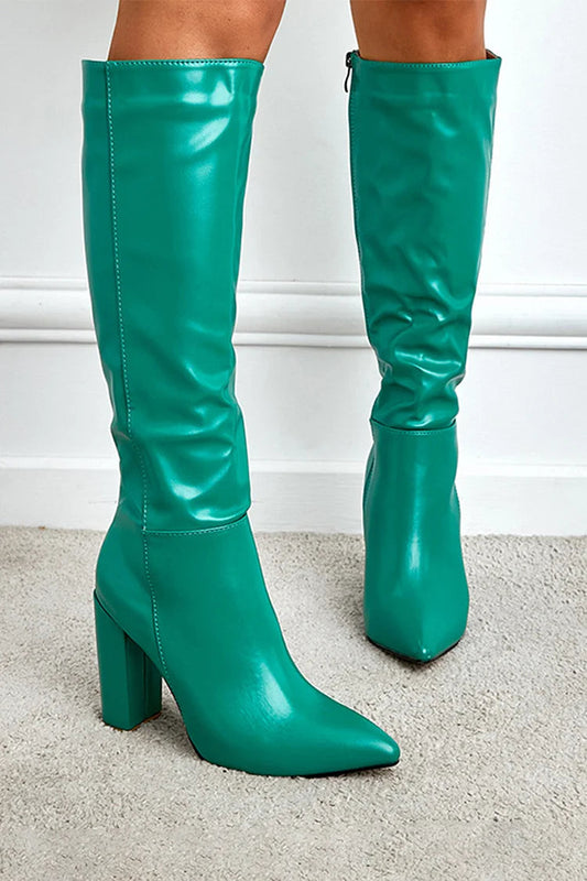 Patchwork Chunky Heel Solid Color Zipper Pointed Toe Knee High Boots