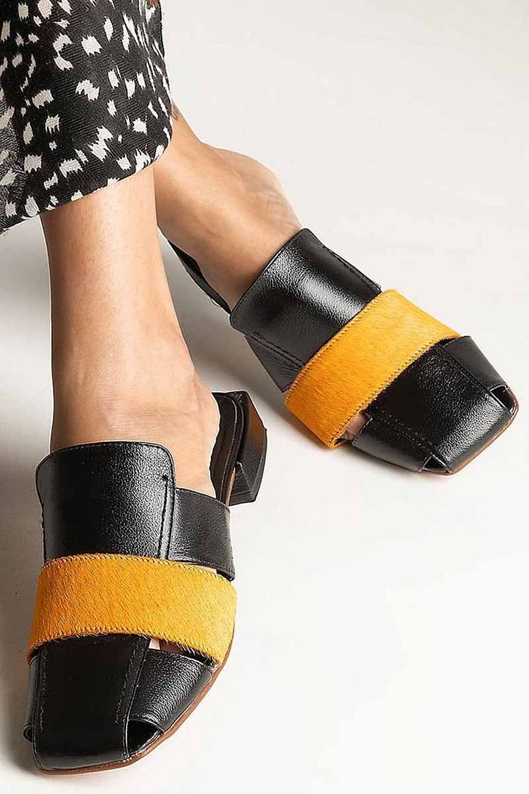 Square Toe Colorblock Cutout Casual Black Sandals [Pre Order]