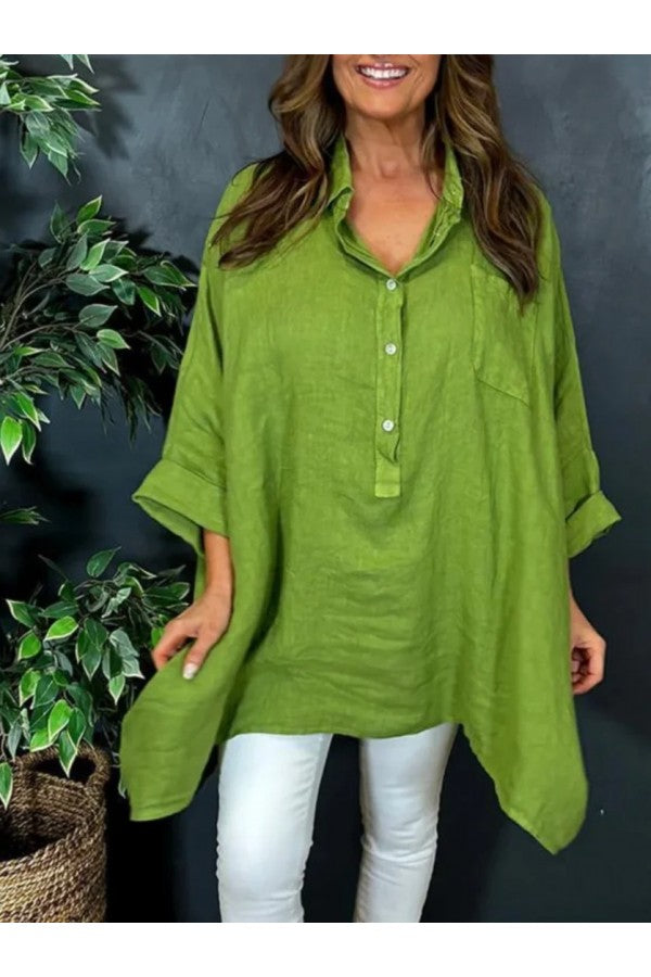 Plain Shawl Collar Long Sleeve Loose Daily Blouse