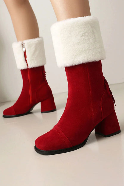 Christmas Colorblock Fluffy Trim Lace Up Square Toe Chunky Heel Mid Boots