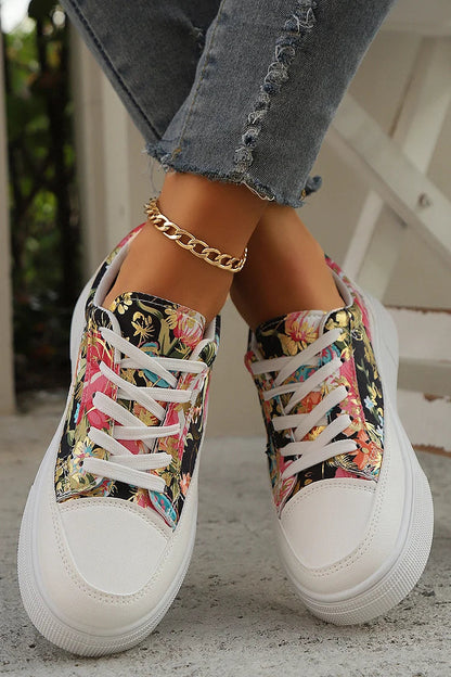 Multicolor Floral Print Patchwork Round Toe Lace Up Sneakers