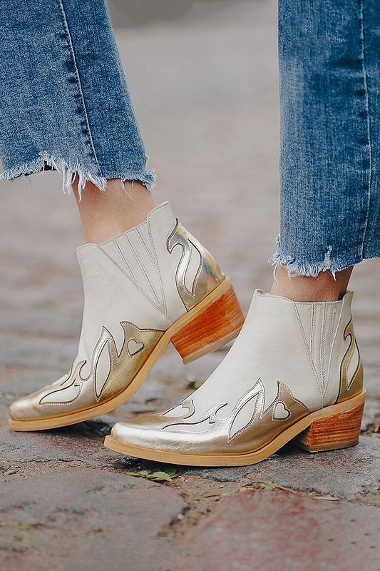 Metallic Sheen Patchwork Pointed Toe White Ankle Boots [Pre Order]