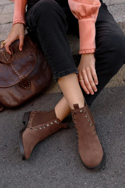 Metallic Studded Round Toe Brown Ankle Boots [Pre Order]