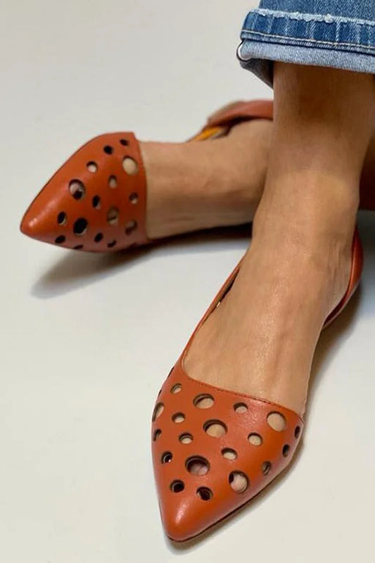 Hollowed Out Pointy Toe Low-Top Orange Flats [Pre Order]